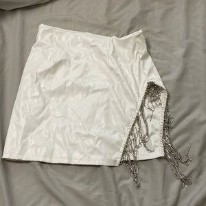 White Windsor Pleather Slit Skirt with Diamond Tassels